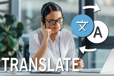 smiling asian translator working online with headset and laptop in office, translate illustration clipart