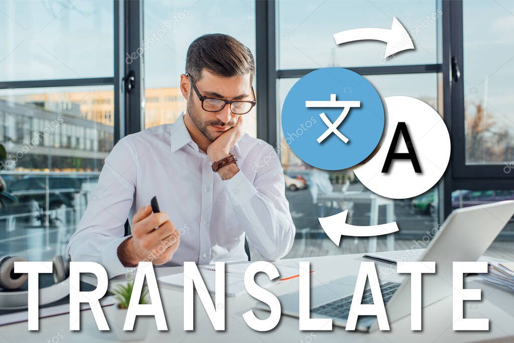 professional translator in eyeglasses working online with laptop, translate illustration