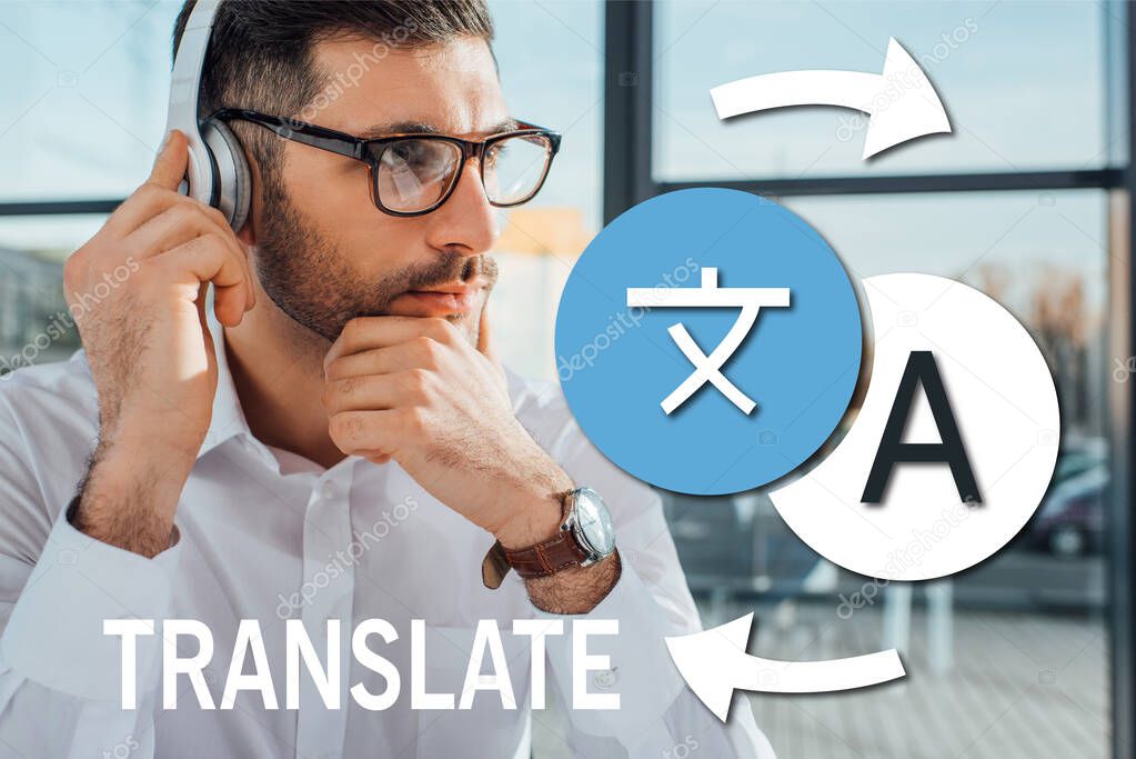 male translator in eyeglasses working online with headphones, translate illustration