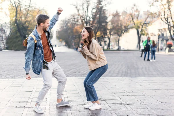 Excited Woman Man Looking Each Other Europe — Stock Photo, Image