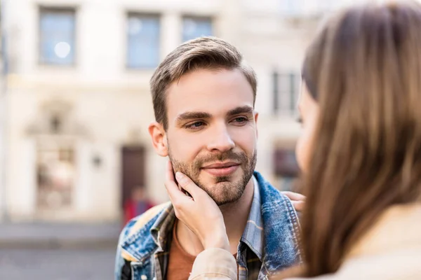 Cropped View Couple Looking Each Other Girl Touching Male Face — Stock Photo, Image