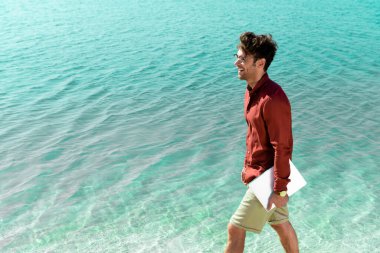 Yandan bakınca, dizüstü bilgisayarı olan, turkuaz suda yürüyen, gülümseyen, serbest yakışıklı bir adam görüyorum.