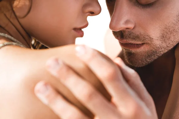 Cropped View Passionate Sexy Young Couple Embracing Closed Eyes Beach — Stock Photo, Image