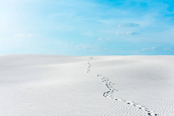 beautiful beach with traces on white sand and blue sky with white clouds