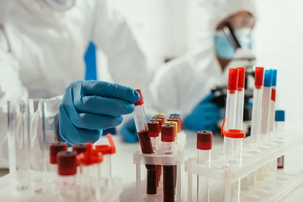 Partial View Biochemist Taking Test Tube Blood Sample Colleague — Stock Photo, Image