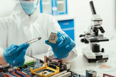 Mikroskop ve bilgisayar anakartının yanında mikroçip ve küçük taş tutan mühendis görüntüsü.