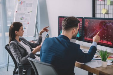 Veri analistleri ofiste güvenlik yazılımını test ederken bilgisayar monitörlerindeki çizelgelere işaret ediyorlar