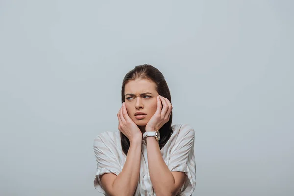Stressed Woman Looking Away Isolated Grey — Stock Photo, Image