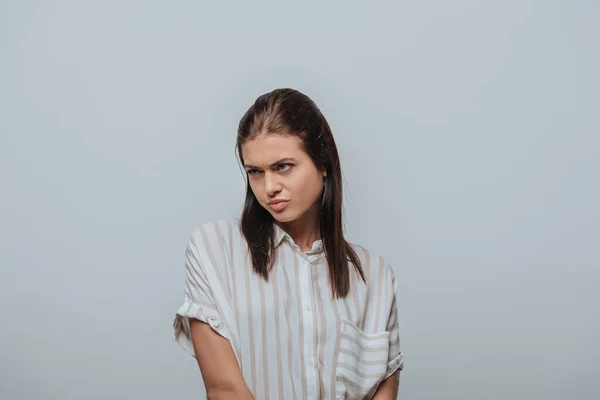 Angry Woman Looking Away Isolated Grey — Stock Photo, Image