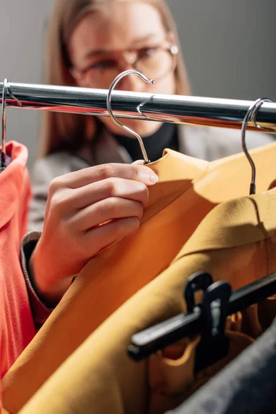 Selective Focus Stylist Taking Hanger Fashionable Clothing — Stock Photo, Image