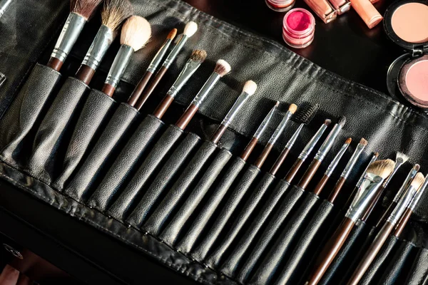Top view of makeup brush set near container with lipstick — Stock Image Top View Makeup Brush Set Container Lipstick Stock Photo