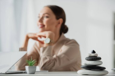 Hayalperest iş kadını elinde bitki, zen taşı ve dizüstü bilgisayarla işyerinde oturuyor. 