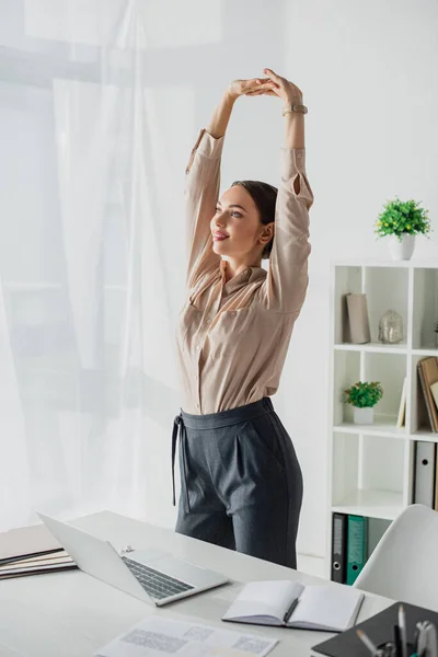 Beautiful Young Businesswoman Stretching Arms Modern Office Laptop — Stock Photo, Image