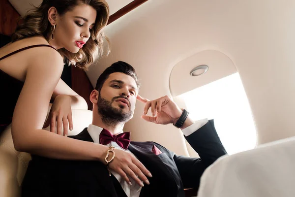 Low Angle View Sexy Woman Touching Chest Elegant Confident Man — Stock Photo, Image