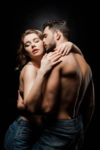 Seductive Girl Closed Eyes Embracing Shirtless Boyfriend Kissing Her Black — Stock Photo, Image