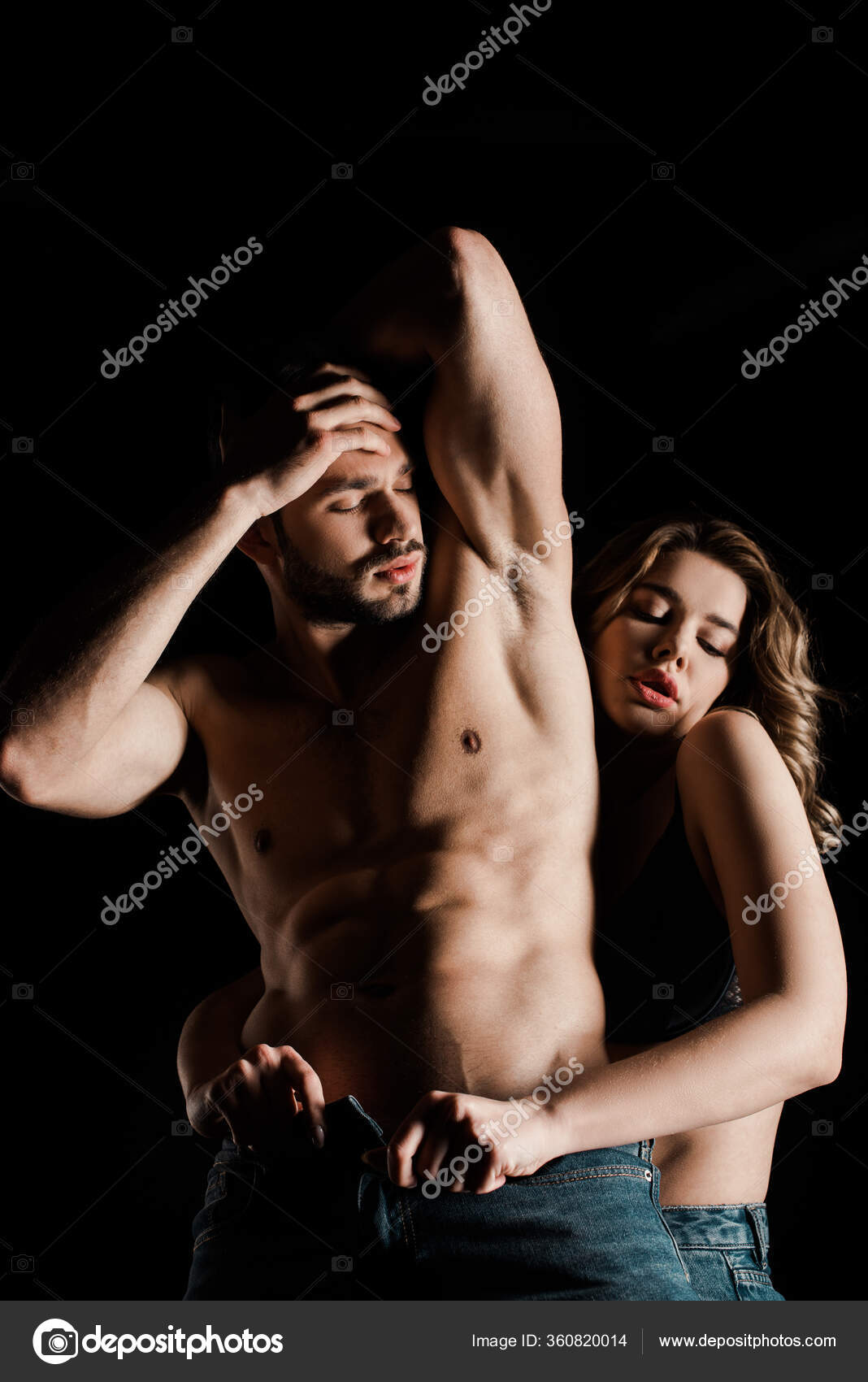 Passionate Girl Unbuttoning Jeans Shirtless Boyfriend Isolated Black Stock  Photo by Â©HayDmitriy 360820014
