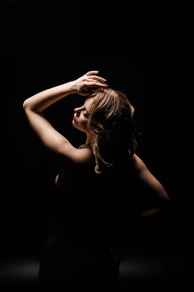 Sensual Elegant Woman Posing Closed Eyes Black Background — Stock Photo, Image