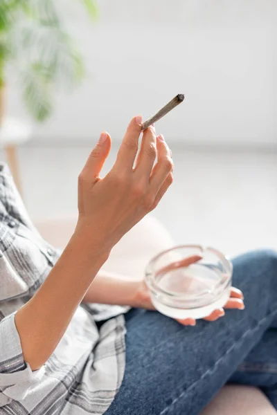 Cropped View Mature Woman Holding Rolled Joint Legal Marijuana Ashtray — Stock Photo, Image