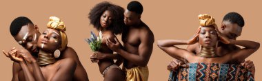 Bej rengi üzerinde izole edilmiş seksi çıplak kabile afro çifti kolajı.