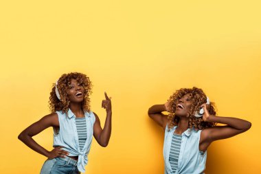 Sarı arka planda kulaklıkla müzik dinleyen mutlu Afro-Amerikan kadın kolajı.