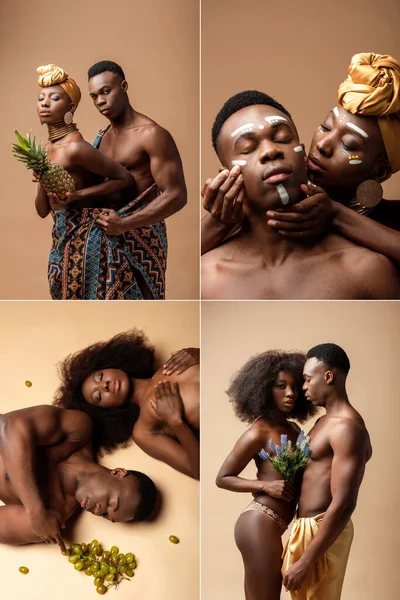 Collage Sexy Naked Tribal Afro Couple Beige — Stock Photo, Image