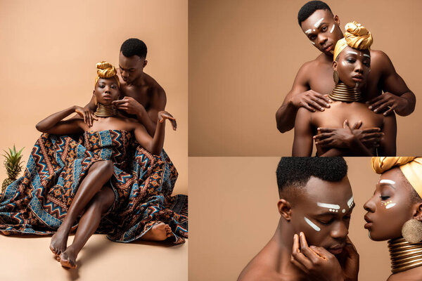 collage of naked tribal afro couple posing on beige background