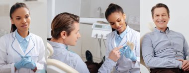 collage of patient pointing with finger at teeth palette near attractive african american dentist in latex gloves clipart