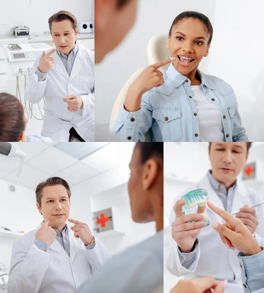 Collage Dentist Pointing Fingers African American Patient Braces Holding Teeth — Stock Photo, Image