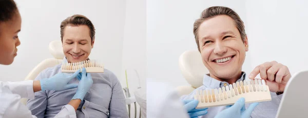 Colagem Homem Feliz Apontando Com Dedo Paleta Dentes Perto Dentista — Fotografia de Stock