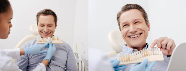 collage of happy man pointing with finger at teeth palette near african american dentist in latex gloves 