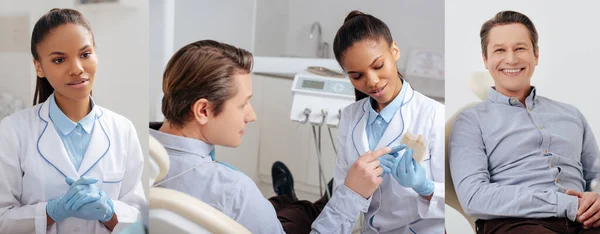 Colagem Paciente Apontando Com Dedo Paleta Dentes Perto Atraente Dentista — Fotografia de Stock