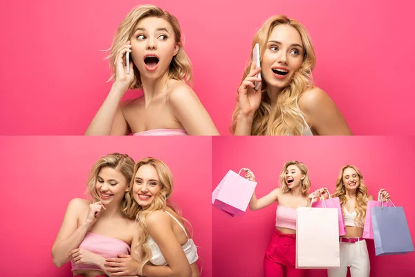 Колаж Блондинки Розмовляють Смартфонах Тримаючи Сумки Покупок Обіймаючись Рожевому Фоні — стокове фото