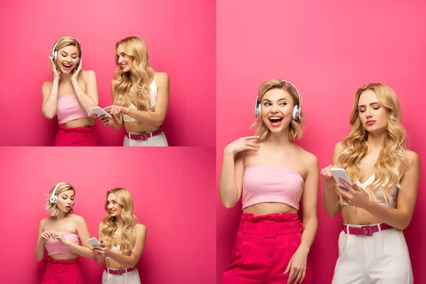 Collage Filles Blondes Souriantes Utilisant Smartphone Casque Sur Fond Rose — Photo