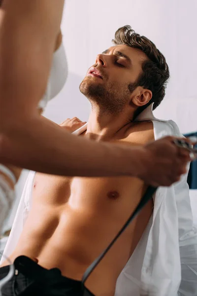 Selective Focus Woman Holding Male Belt Passionate Businessman Bedroom — Stock Photo, Image