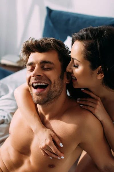 Woman Closed Eyes Smiling Hugging Excited Boyfriend Bed Bedroom — Stock Photo, Image