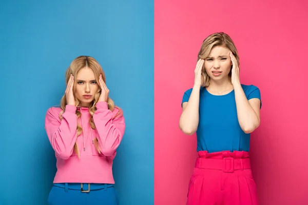 Thoughtful Blonde Women Looking Camera Pink Blue Background — Stock Photo, Image