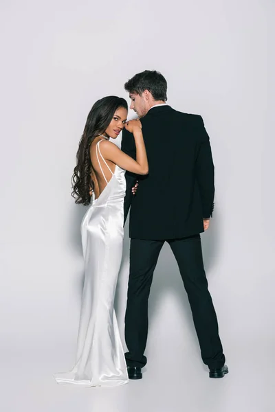 Full Length View Beautiful African American Bride Looking Camera While — Stock Photo, Image