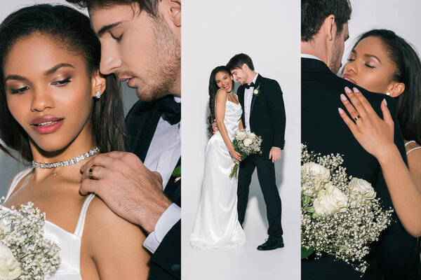 collage of handsome bridegroom in black suit and beautiful african american bride in white, satin wedding dress on white background
