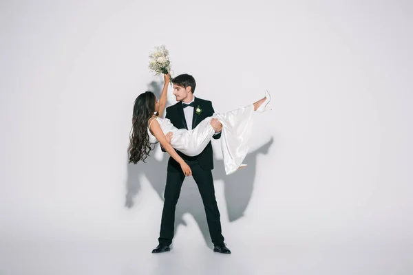 Full Length View Elegant Bridegroom Holding African American Bride Hands — Stock Photo, Image