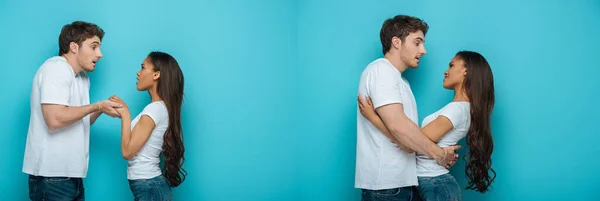 Collage Young Man Holding Hands African American Girlfriend Embracing Her — Stock Photo, Image