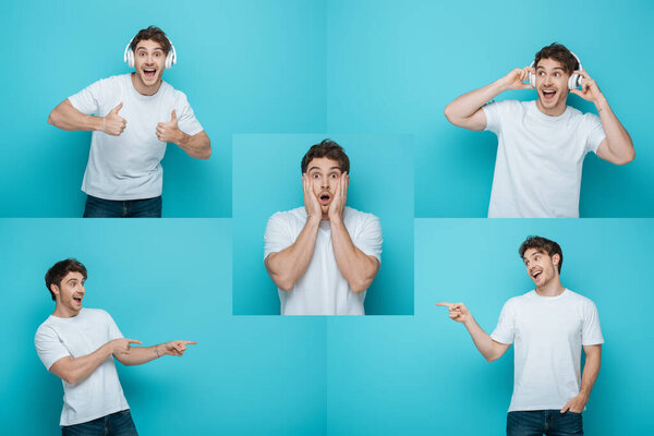 collage of man in wireless headphones showing thumbs up, shocked man touching face, and cheerful man pointing with fingers on blue background