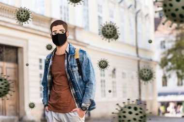 Yüzü ve elleri sokakta ceplerinde olan tıbbi maskeli adam, bakteri çizimi