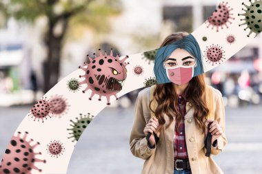 Maskeli, sırt çantalı ve bakteri resimli resimli kız.