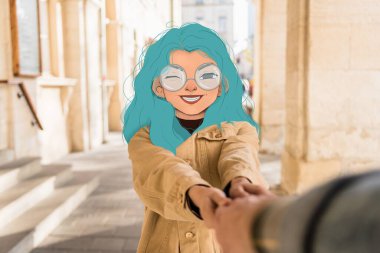 selective focus of girl with illustrated smiling face and blue hair holding hand of man in city clipart