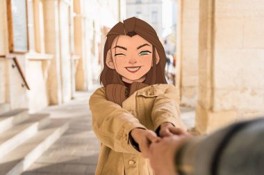 selective focus of girl with illustrated smiling face holding hand of man in city clipart