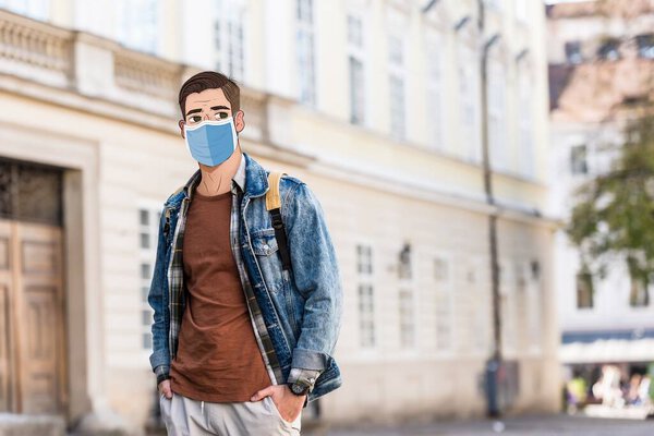 Красивый мужчина с иллюстрированным лицом в медицинской маске и руками в карманах на улице
