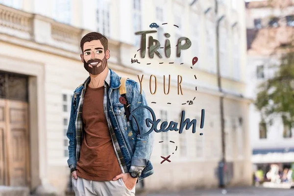 Young Man Hands Pockets Illustrated Face Trip Your Dream Illustration — Stock Photo, Image