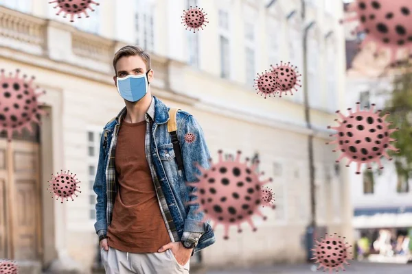 Bonito Homem Máscara Médica Com Mãos Bolsos Rua Bactérias Ilustração — Fotografia de Stock