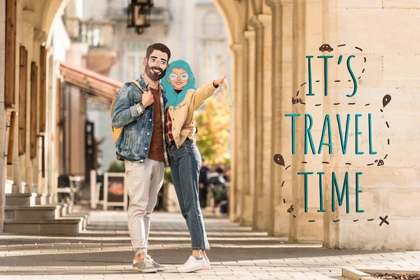 couple of tourists with illustrated faces hugging on street and pointing with finger away, it is travel time illustration