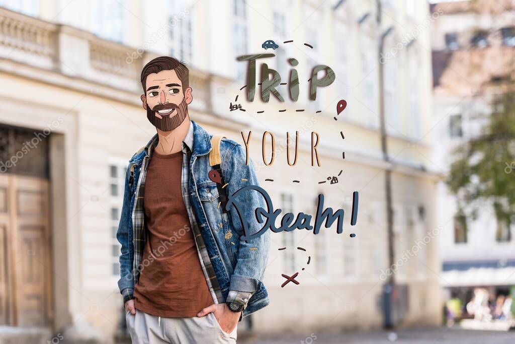 young man with hands in pockets and illustrated face near trip your dream illustration in city